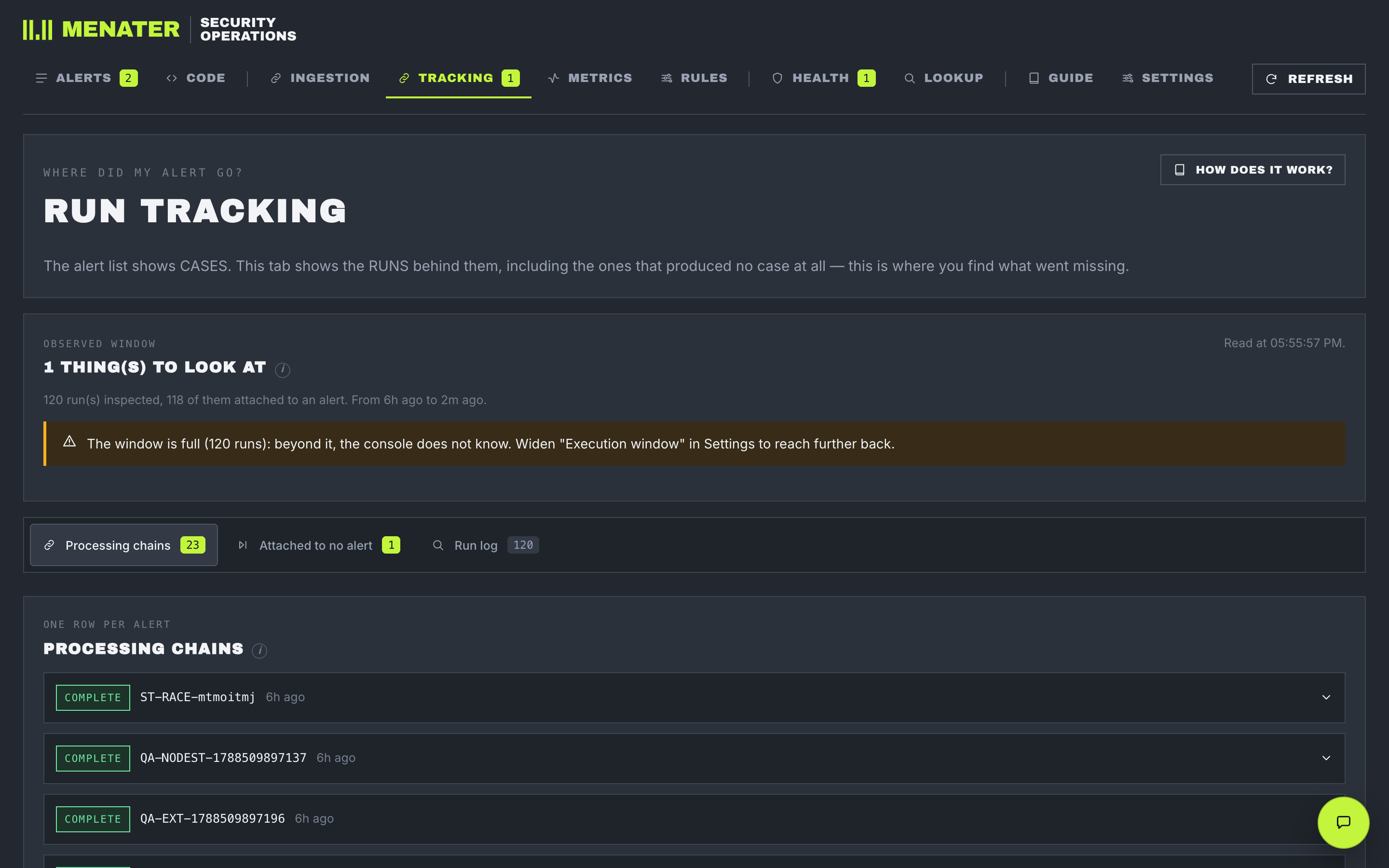 The Tracking tab: 120 runs inspected, 118 attached to an alert, a warning that the observed window is full, and three sub-tabs for processing chains, orphan runs and the run log.